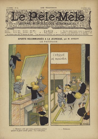 Aanbevolen sporten voor de jeugd. Schaatsen. Illustratie voor Le Pele-Mele, 1902 door Henri Avelot