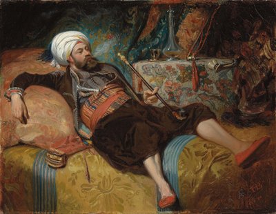 Een liggende Turk die een waterpijp rookt, 1844 door Henri Baron
