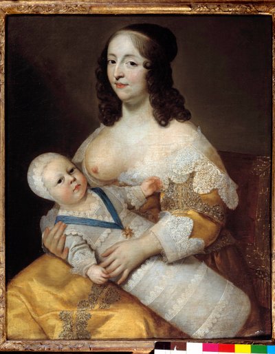 Voorstelling van de toekomstige koning Lodewijk XIV als baby, in een zwempak in de armen van zijn verpleegster Marie de Longuet de la Giraudiere door Henri Beaubrun