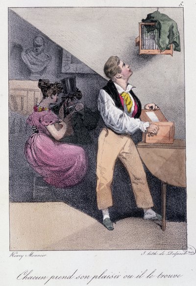 Man die vogels kweekt terwijl zijn vrouw hem bedriegt: "Iedereen neemt zijn plezier of hij vindt het" - in "Les pastemps" door Henry Monnier, ed. Delpech, Parijs, ca. 1830 door Henri Bonaventure Monnier