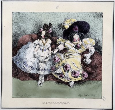 Lelijke vrouwen die "tapisserie" maken zittend in een woonkamer - in "Parisiennes" door Henri Monnier, ed. Delpech, Parijs door Henri Bonaventure Monnier