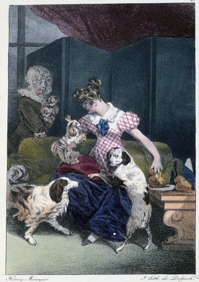Jong meisje met honden: "Iedereen vindt zijn plezier waar hij het vindt" - in "Les pastemps" door Henri Monnier, ed. Delpech, Parijs door Henri Bonaventure Monnier