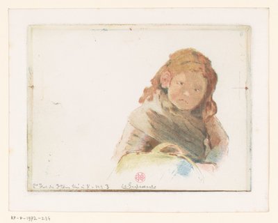 Meisje met mand in een bloemenweide door Henri Charles Guérard (signed by artist)