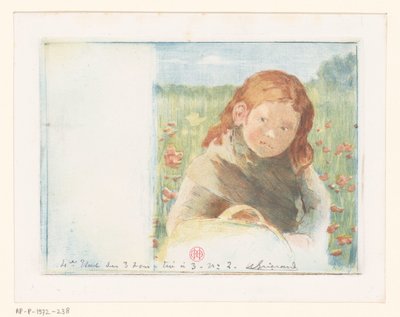 Meisje met mand in een bloemenweide door Henri Charles Guérard (signed by artist)