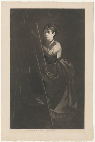 Portret van Eva Gonzalès voor een schildersezel door Henri Charles Guérard (signed by artist)