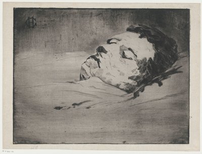 Portret van een onbekende man op zijn sterfbed door Henri Charles Guérard (signed by artist)