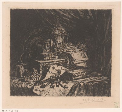 Stilleven met sleutels en lantaarn door Henri Charles Guérard (signed by artist)