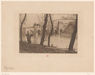 Gezicht op brug te Mantes-la-Jolie door Henri Charles Guérard