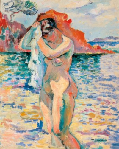 Een badende droogt haar haar aan zee door Henri Charles Manguin