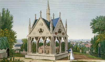 Het graf van Heloise en Abelard op de Père Lachaise begraafplaats, 1815-20 (kleurgravure) door Henri Courvoisier Voisin