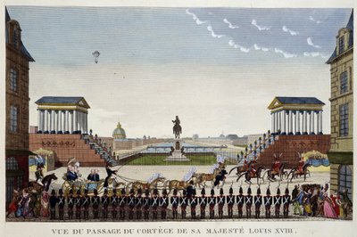 Uitzicht op de passage van de stoet van zijn majesteit Lodewijk XVIII op 3 mei door Henri Courvoisier Voisin