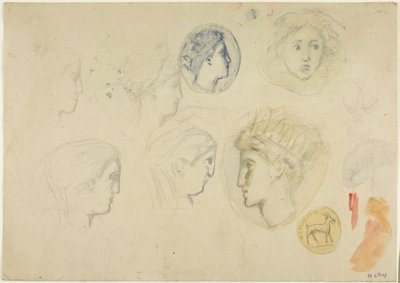 Schetsen: Profielhoofden, munten of medailles (recto); bomen (verso) door Henri Cros
