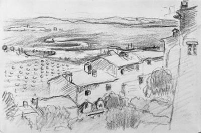 Uitzicht vanaf een dorp over velden en weiden naar de zee. Bormes-les-Mimosas door Henri Edmond Cross