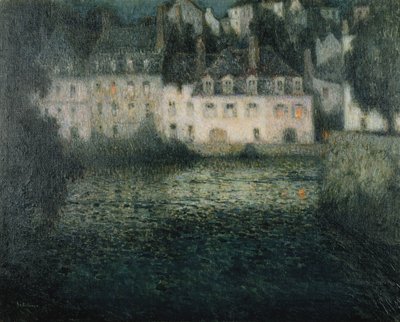 Huis aan de rivier in het maanlicht, Quimperle door Henri Eugene Augustin Le Sidaner