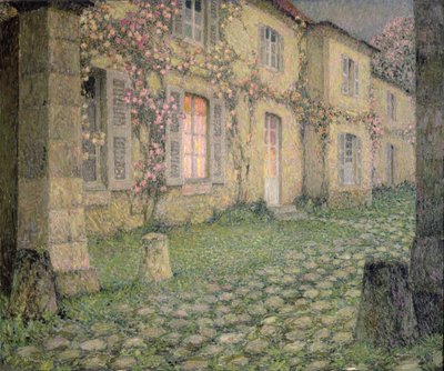Huis met rozen bij schemering, ca. 1928 door Henri Eugene Augustin Le Sidaner