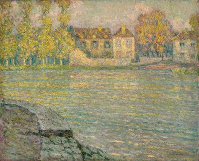 Huizen bij de rivier bij zonsondergang, Moret door Henri Eugene Augustin Le Sidaner