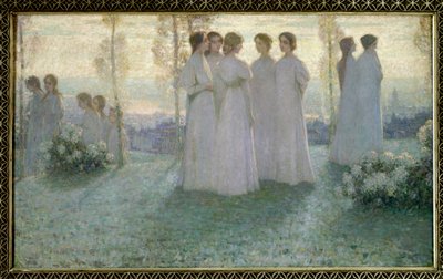 Op zondag, vrouw in het wit pratend in een tuin door Henri Eugene Augustin Le Sidaner