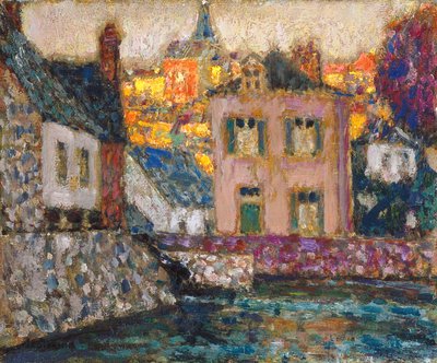Studie voor huizen aan de rivier bij Fougères door Henri Eugene Augustin Le Sidaner