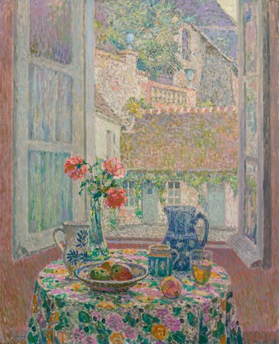 Tafel met uitzicht op de binnenplaats door Henri Eugene Augustin Le Sidaner