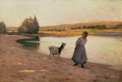 Vrouw die een Geit Trekt door Henri Eugene Augustin Le Sidaner