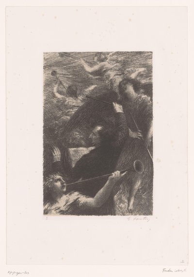 Berlioz dirigeert tussen vier bazuinblazende engelen Tuba mirum spargens sonum Leven en werken van Hector Berlioz (serie titel) door Ignace Henri Jean Fantin Latour