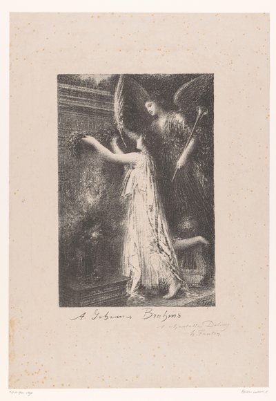 Engel en personificatie van de roem brengen erekrans bij graftombe van Johannes Brahms door Ignace Henri Jean Fantin Latour