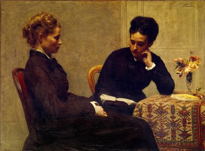 Lezen Een vrouw leest voor aan een jonge blinde persoon door Ignace Henri Jean Fantin Latour