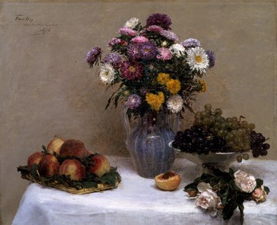 Witte rozen en chrysanten in een vaas door Ignace Henri Jean Fantin Latour