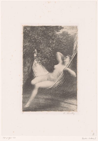 Sara schommelt naakt in een hangmat boven het water door Ignace Henri Jean Fantin Latour