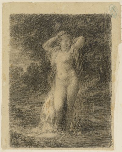 Staande naakte vrouw in een boslandschap met water door Ignace Henri Jean Fantin Latour