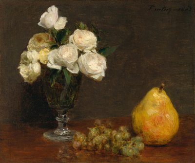 Stilleven met rozen en fruit door Ignace Henri Jean Fantin Latour