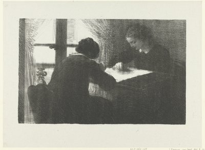 Twee vrouwen borduren aan tafel bij raam in interieur door Ignace Henri Jean Fantin Latour