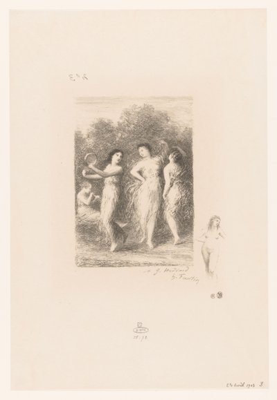 Vier jonge vrouwen dansen en maken muziek door Ignace Henri Jean Fantin Latour