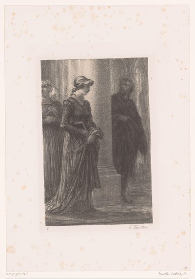 Walther von Stolzing merkt Eva Pogner op in de kerk door Ignace Henri Jean Fantin Latour
