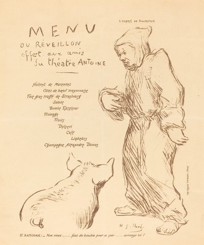 Menu van het oudejaarsdiner aangeboden aan de vrienden van Théâtre Antoine door Henri Gabriel Ibels