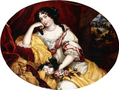 Portret van een dame, zittend driekwart lengte, met haar hond voor een open raam, een Italiaans landschap daarachter door Henri Gascar