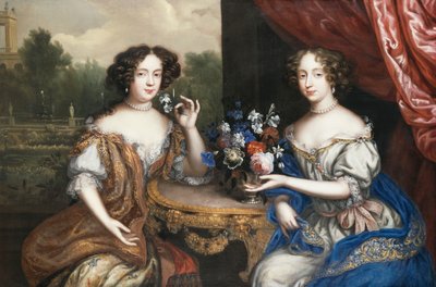 Een dubbelportret van Lady Maria Somalia en Lady Anne Barrington, zittend driekwart lengte bij een tafel met een vaas bloemen door Henri Gascard
