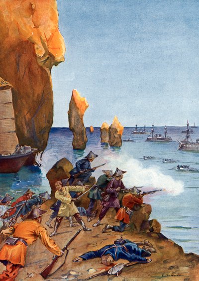 Kolonisatie van Tonkin: De Franse admiraal Amédée Courbet leidt zijn vloot in Along Bay (Ha Long) in augustus 1883, Vietnam door Henri Gaston Darien