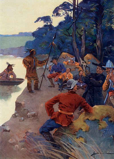 De eerste Europese kolonisten aan de oevers van de Saint Lawrence rivier, huidig Quebec 16e-17e eeuw door Henri Gaston Darien