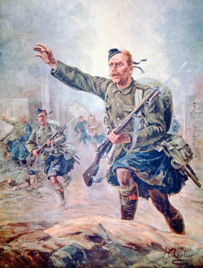 Schotse Hooglander in kilt in gevecht aan het Westfront door Henri Georges Jacques (after) Chartier