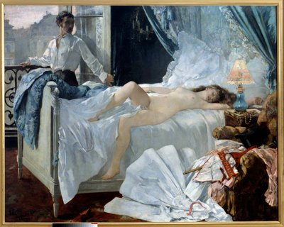 Rolla. Een koppel in een slaapkamer, de vrouw slaapt naakt en de man kijkt naar haar door het raam door Henri Gervex