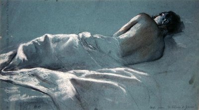 Studie voor Le Blesse de Guerre (houtskool met rood & wit krijt op blauw papier) door Henri Gervex