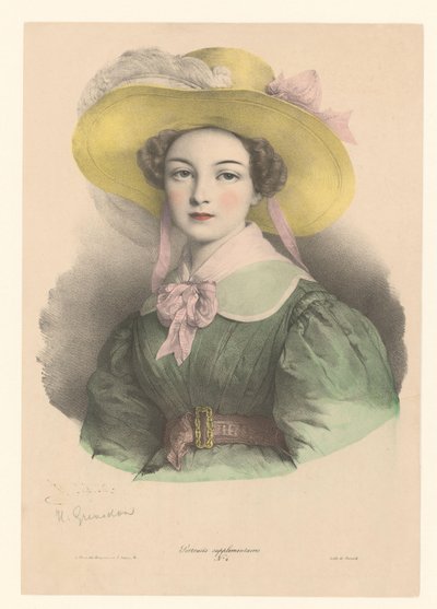 Portret van een jonge vrouw met hoed met veer en strik door Henri Grevedon