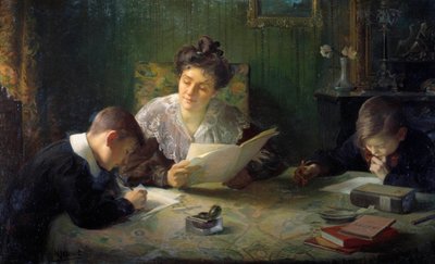 Huiswerk. Een moeder helpt kinderen met hun huiswerk. Schilderij door Henri Jamet (1858-1940) 20e eeuw Orleans, Musee des Beaux Arts door Henri Jamet
