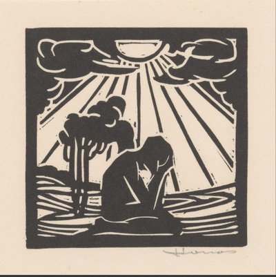 Geknielde figuur in een landschap met bomen door Henri Jonas (signed by artist)