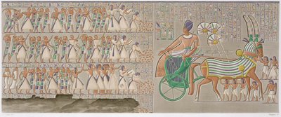 Gekleurde bas-reliëfs uit de zuidelijke galerij van de peristijl van het paleis, plaat 12 uit Vol II van `Descriptions of Egypt`, gegraveerd door Antoine Phelippeaux (b.1767) 1822 door Henri Joseph (after) Redoute