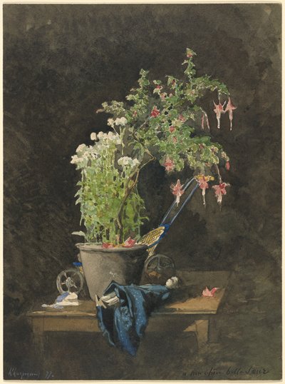 Een Pot Fuchsia met Kinderspeelgoed door Henri Joseph Harpignies