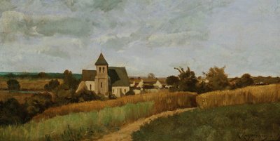 Een dorp tijdens de oogsttijd door Henri Joseph Harpignies