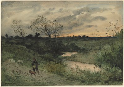 Dageraad—Jager met hond door Henri Joseph Harpignies