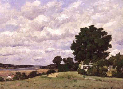 Landschap met rivier vanuit de tuin bij Chateau de Beauvoir door Henri Joseph Harpignies